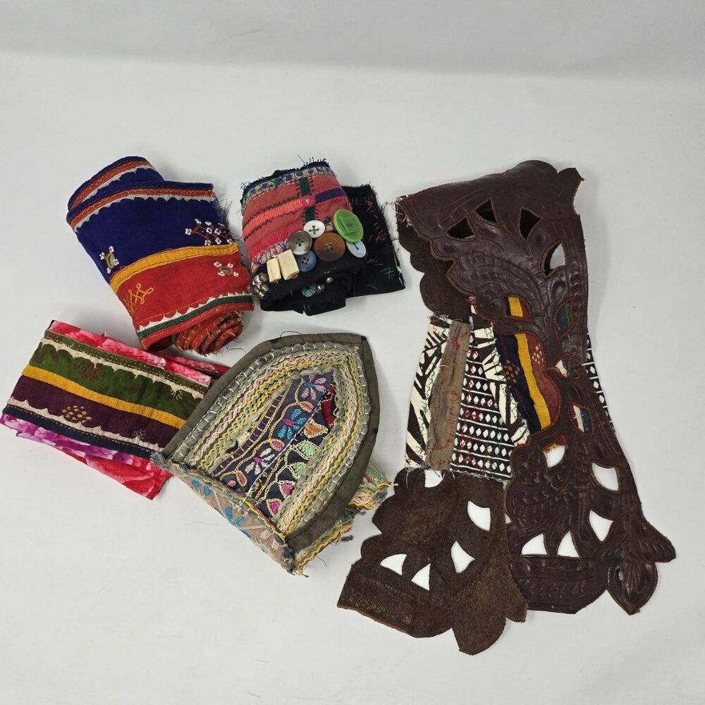 Vintage Embroidered Textile Trim Lot Boho Folk Art Leather Sewing Craft Salvage